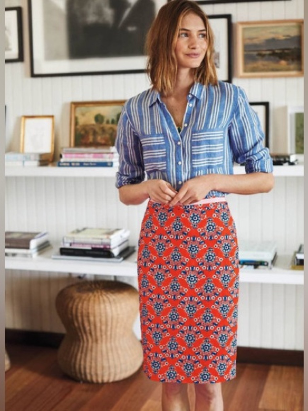 EUC Boden Mosaic Print Red and Blue Woven Knee Length Pencil Skirt
